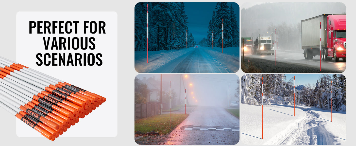 VEVOR Driveway Markers Orange Fiberglass Reflective Poles Easy Visibility Snow Stakes Safety Stand Poles for Parking Lots Walkway