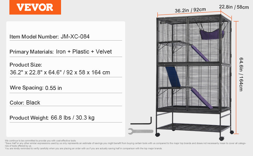 VEVOR 64.6" Rolling Metal Ferret Cage Large 4-Tier Critter Nation Cage Small Animal Cage for Pet Rats Hamster Guinea Pig Chinchilla