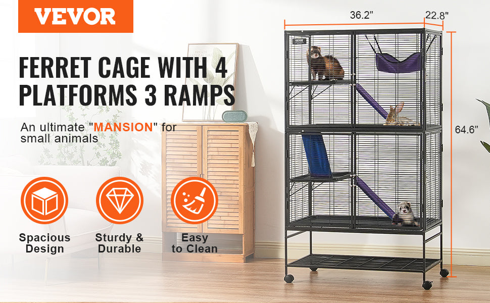 VEVOR 64.6" Rolling Metal Ferret Cage Large 4-Tier Critter Nation Cage Small Animal Cage for Pet Rats Hamster Guinea Pig Chinchilla