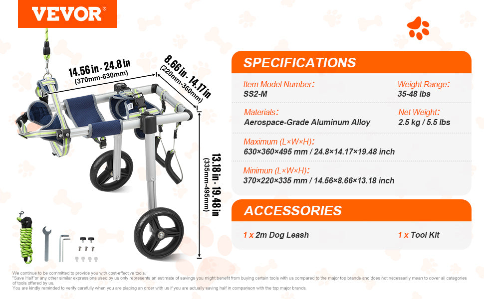 2 Wheels Dog Wheelchair for Back Legs Pet Wheelchair Dog Cart/Wheelchair for Injured Disabled Paralysis Hind Limb Weak Pet